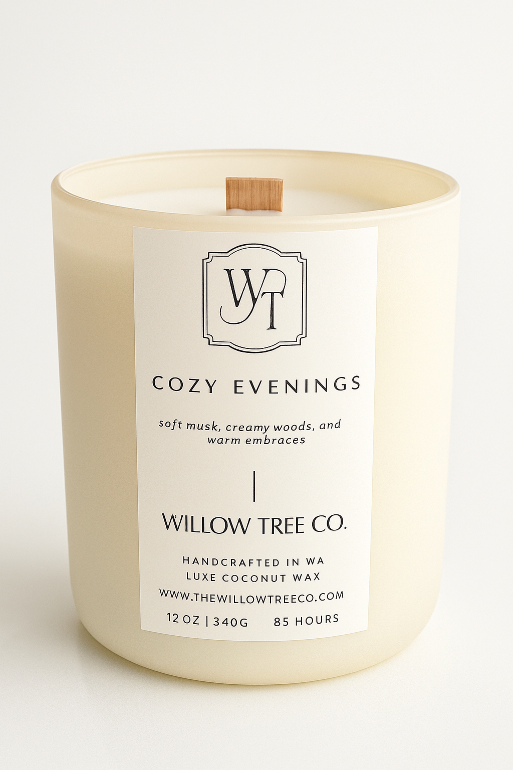 Willow Tree Co. candle labeled 'Cozy Evenings' on a white background