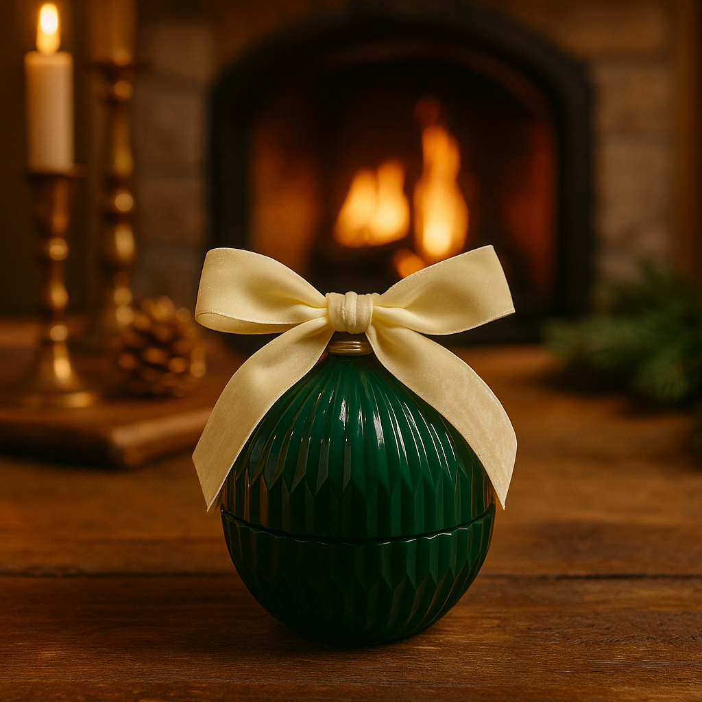 Green ribbed ornament with a beige bow on a wooden surface in front of a fireplace.
