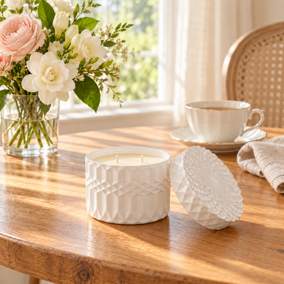 A white glass candle jar with a matching lid sits on a wooden table in a bright room. The candle is shown beside a glass vase of flowers, a cup and saucer, and a folded cloth, with sunlight streaming in from a window in the background.