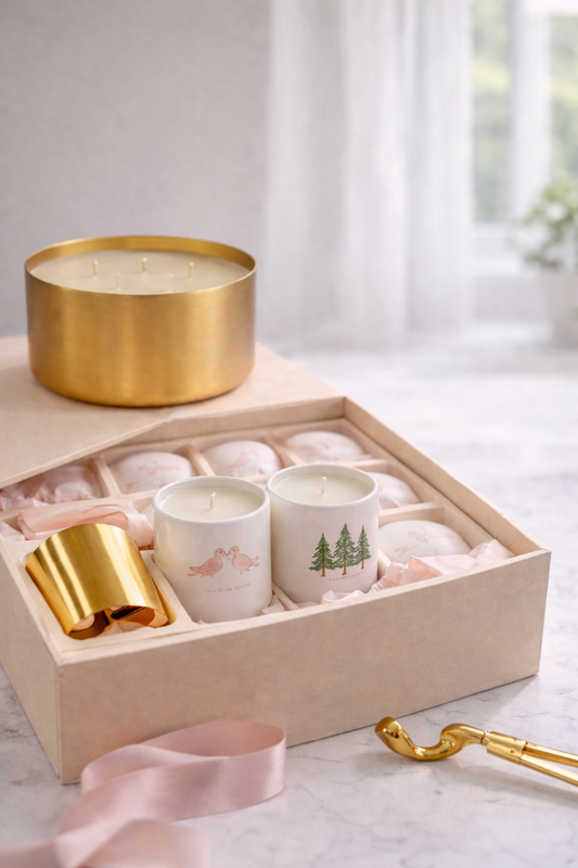 12 advent candles in a gift box with a large gold tin candle in the background. 