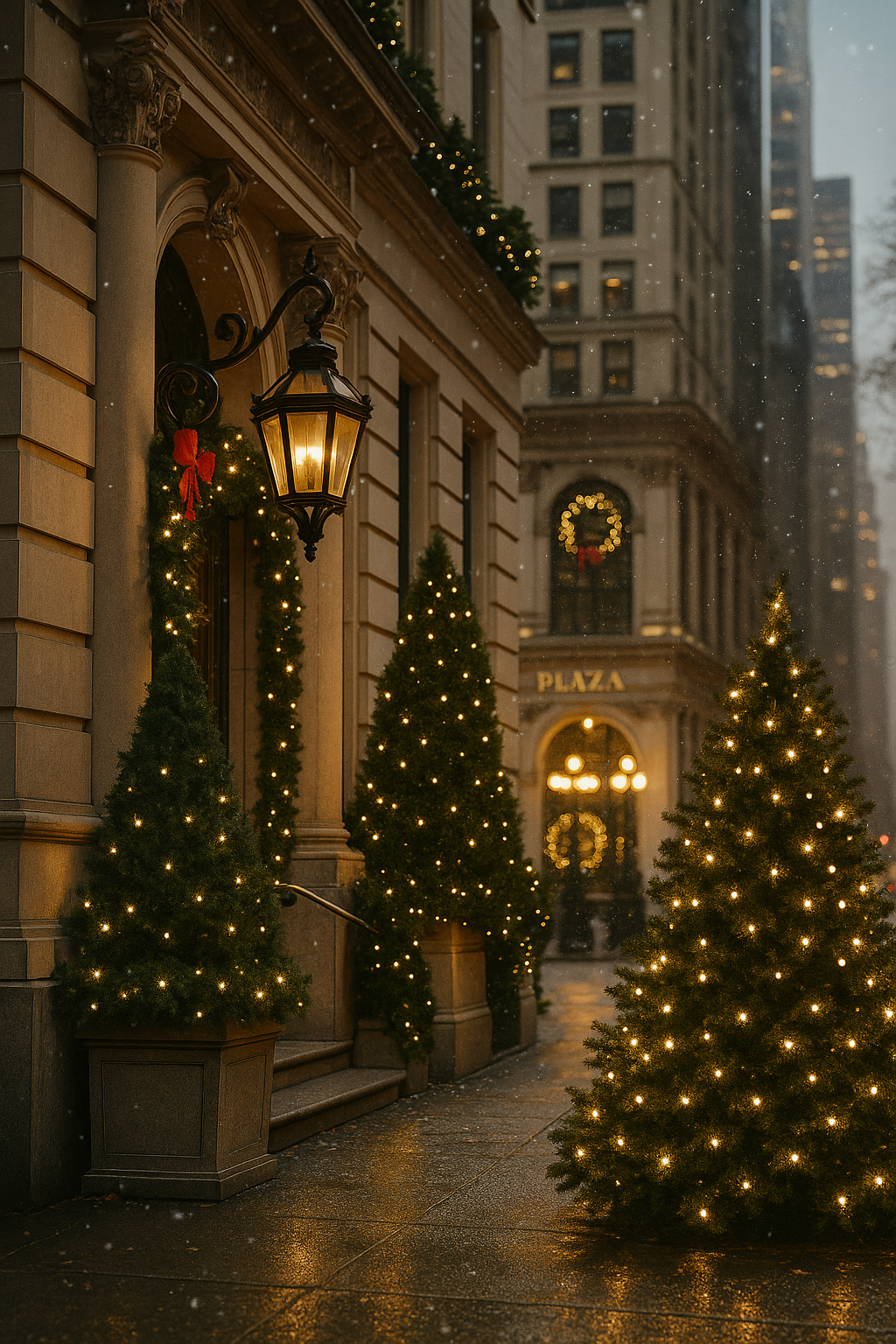 Elegant holiday scene outside The Plaza Hotel in New York City, with snow falling softly around lit Christmas trees, garland-wrapped entrance columns, and warm golden window lights.