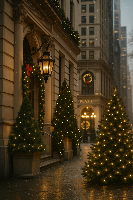 Elegant holiday scene outside The Plaza Hotel in New York City, with snow falling softly around lit Christmas trees, garland-wrapped entrance columns, and warm golden window lights.