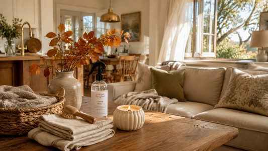 Cider Mill Homekeeping Tonic and a glowing Heirloom Pumpkin Luminary in a warmly styled autumn home.