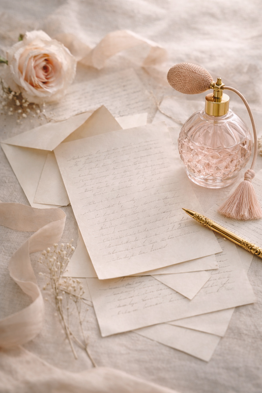 Blush pink vintage perfume bottle with atomizer resting beside handwritten love letters, a gold pen, soft ivory envelopes, and delicate florals on a neutral linen surface, styled in a romantic, nostalgic flat lay.