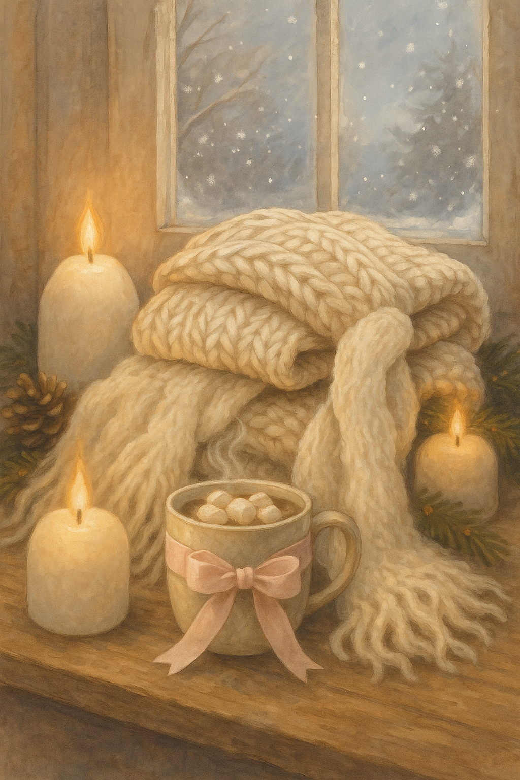 Cozy scene with a mug of hot chocolate, candles, and a blanket by a window with snow outside.