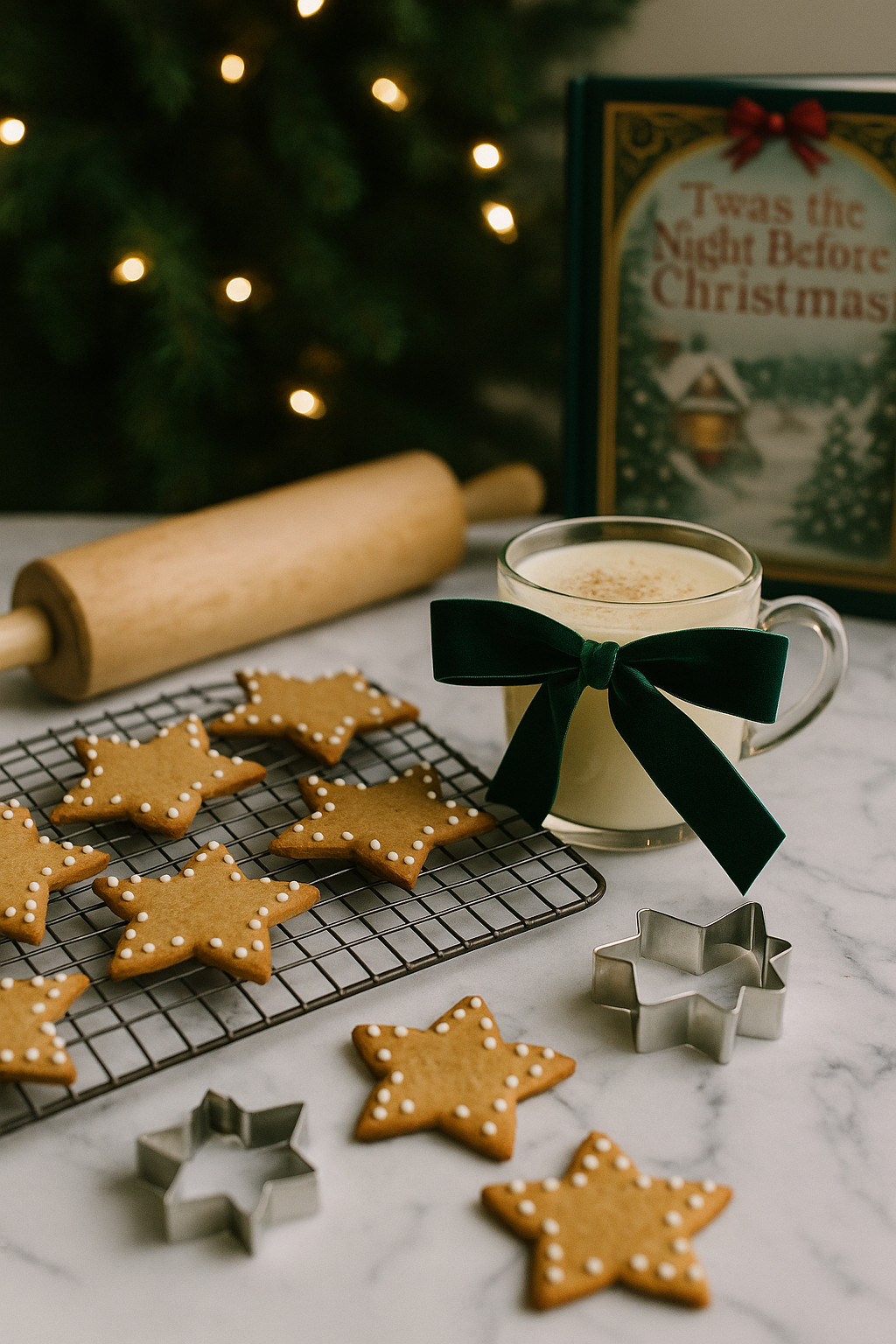 Star-shaped cookies on a cooling rack with a mug of hot chocolate, Christmas tree, and book in the background.