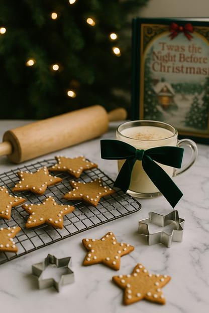 Star-shaped cookies on a cooling rack with a mug of hot chocolate, Christmas tree, and book in the background.