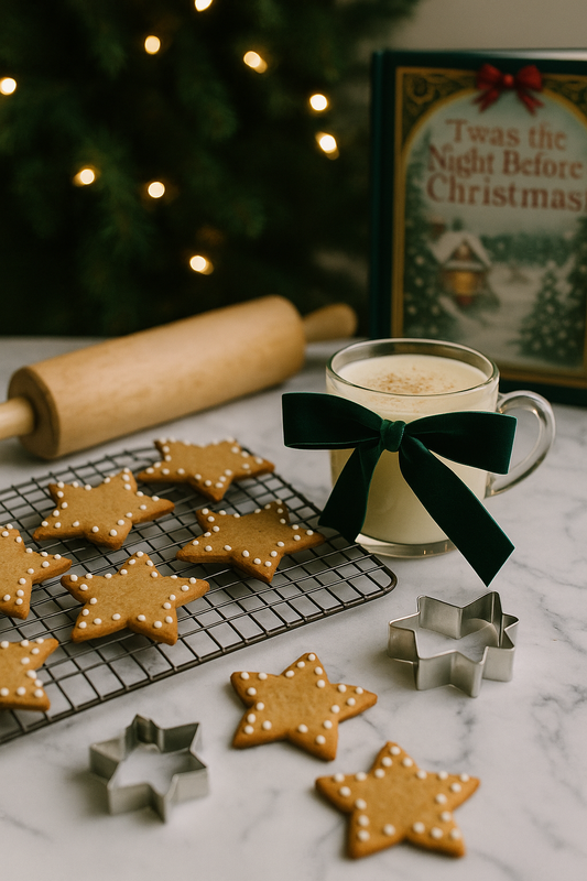 Star-shaped cookies on a cooling rack with a mug of hot chocolate, Christmas tree, and book in the background.