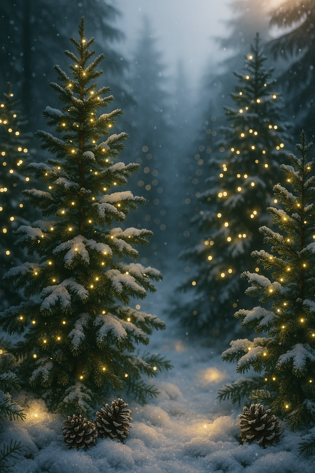 Snowy forest with illuminated trees and pinecones on a dark blue background