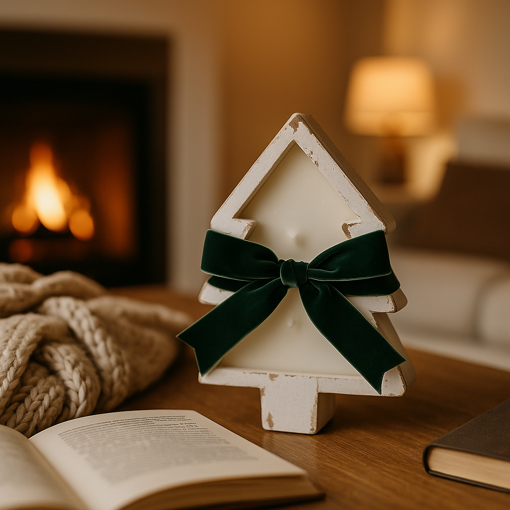 Decorative Christmas tree ornament with a green bow on a table in front of a fireplace.