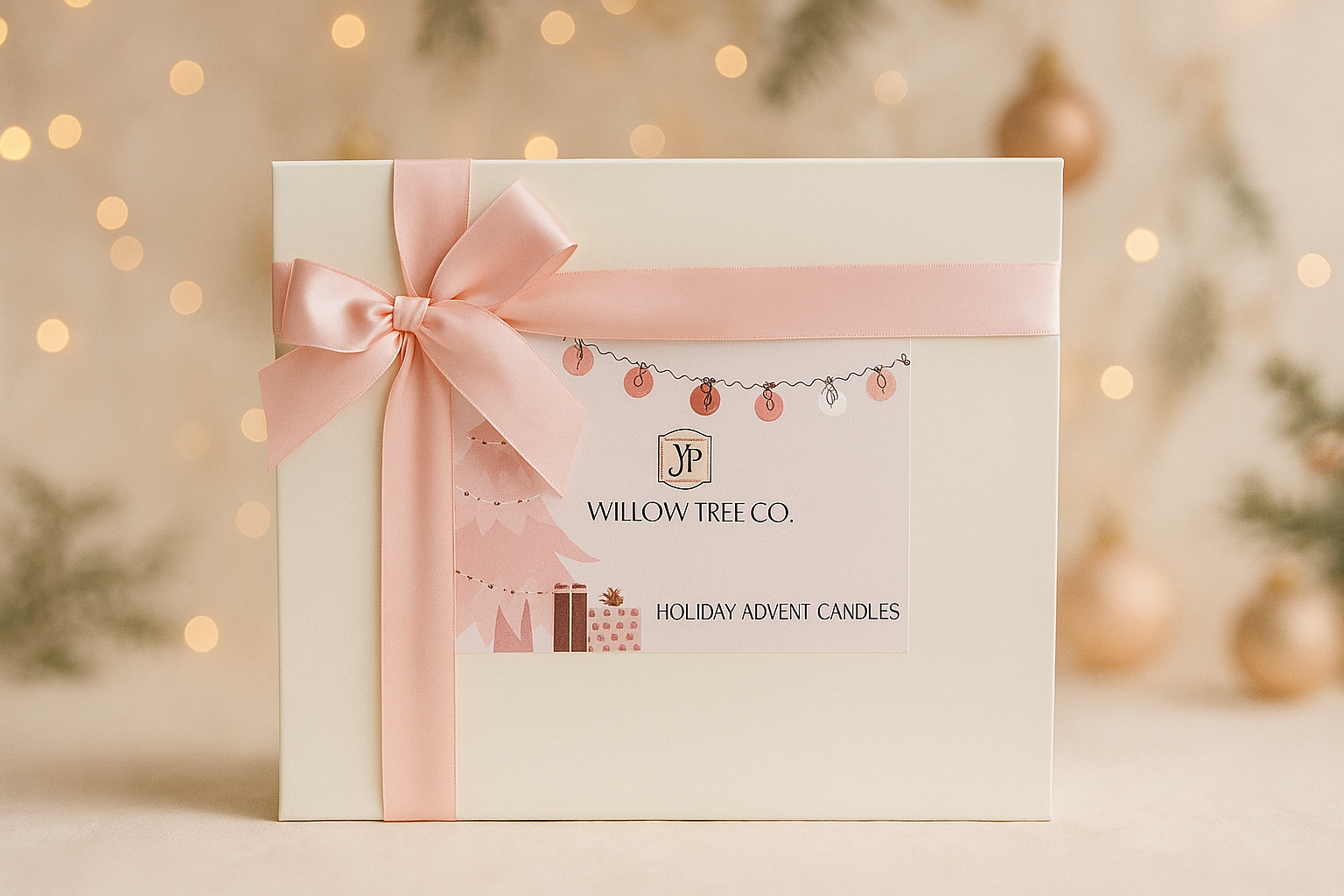 Willow Tree Co. holiday advent candles packaging with a pink ribbon on a blurred festive background.