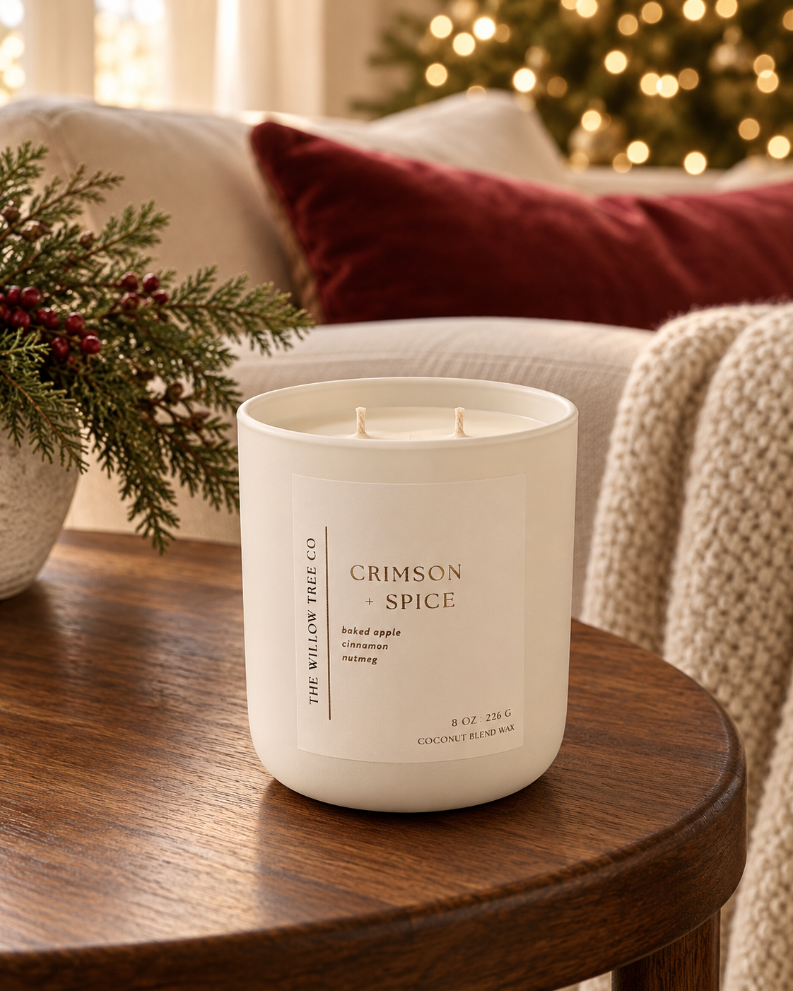 A white glass jar candle labeled 'CRIMSON SPICE' by The Willow Tree Co sits on a wooden table in a cozy living room setting with a Christmas tree and pillows in the background.