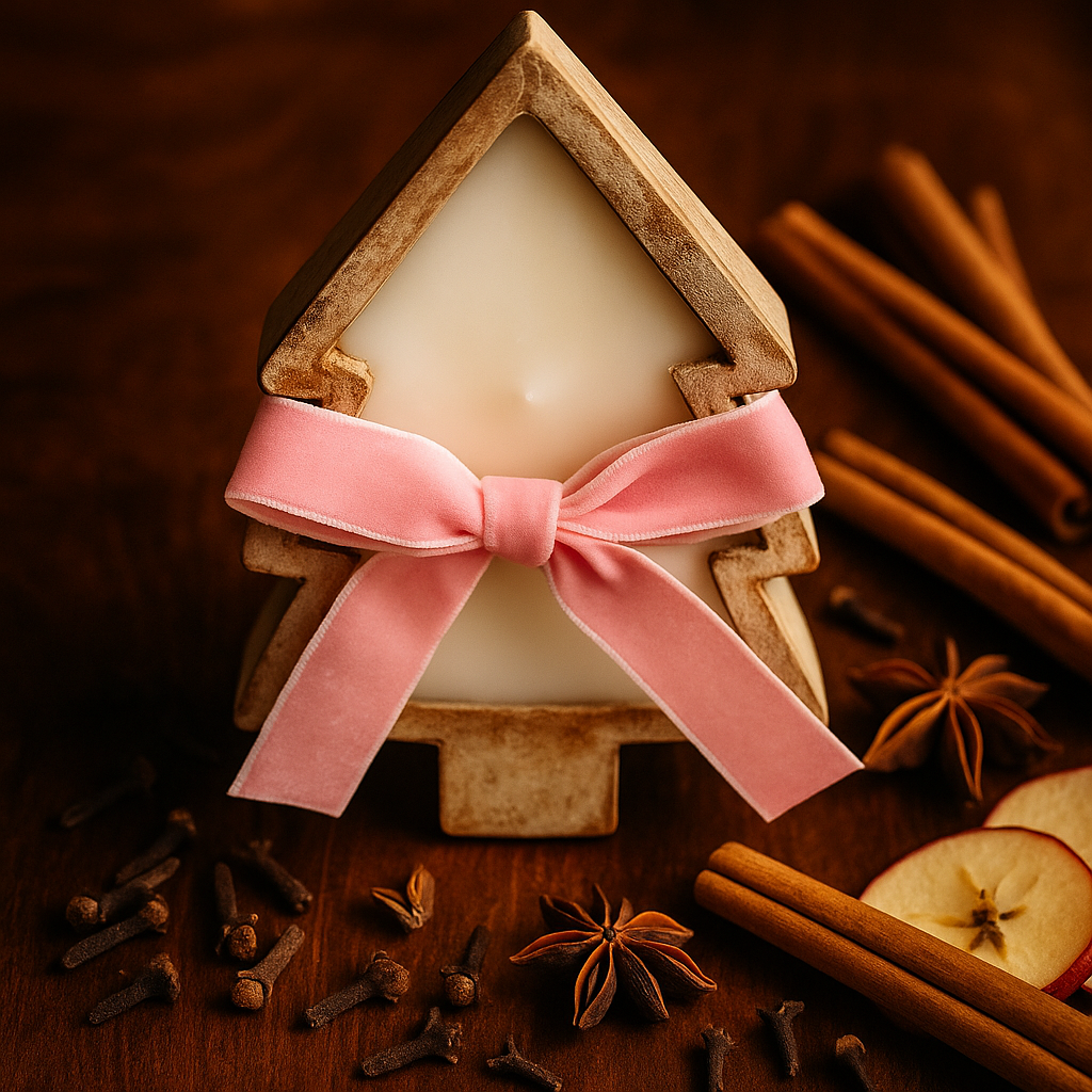 Decorative candle in a wooden holder with a pink bow, surrounded by cinnamon sticks and apples on a dark background.