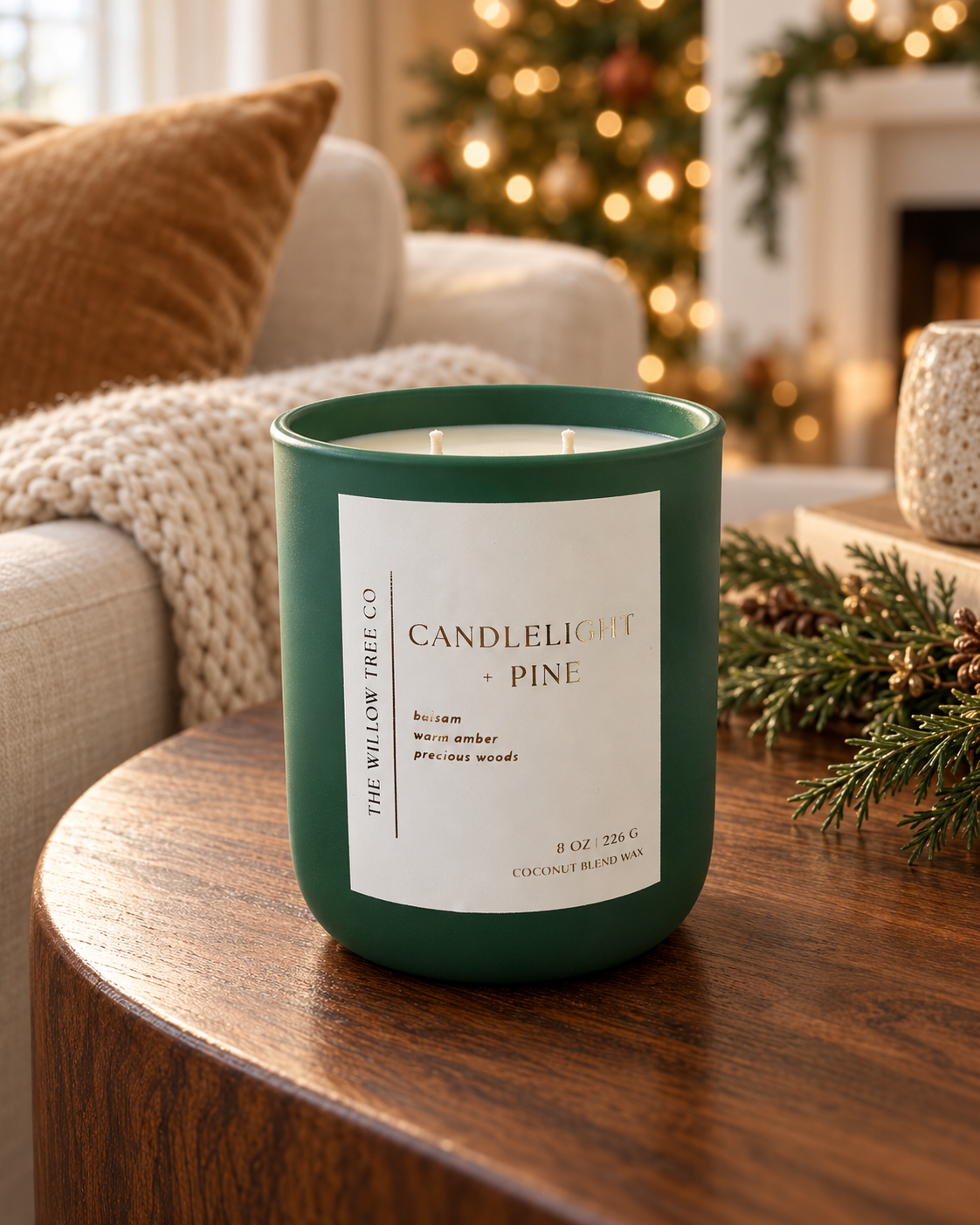 A green glass candle jar labeled 'Candlelight + Pine' by The Willow Tree Co, placed on a wooden table in a cozy living room with a blurred Christmas tree and fireplace in the background.