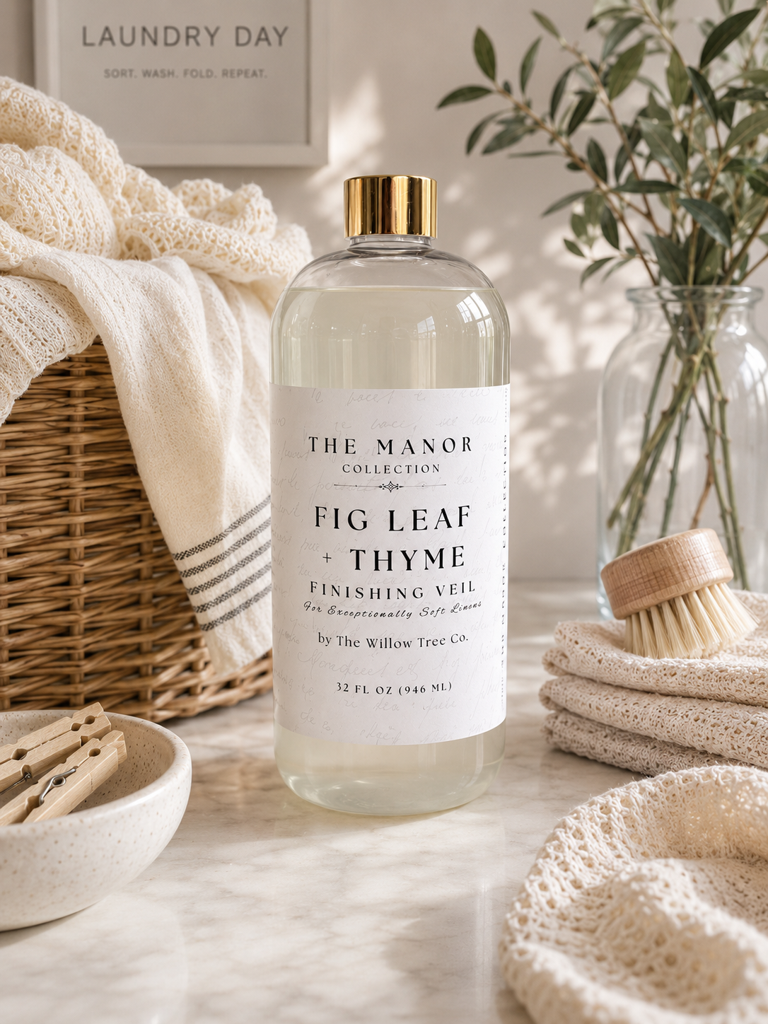 A bottle of The Manor Collection Fig Leaf + Thyme Finishing Veil laundry detergent stands on a marble countertop in a styled laundry room scene with a wicker basket, cream towels, a brush, and a glass vase in the background.