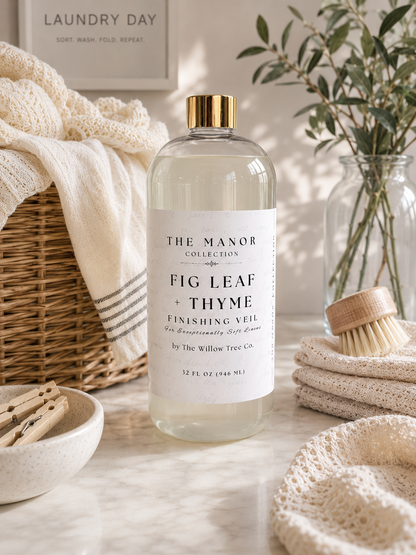A bottle of The Manor Collection Fig Leaf + Thyme Finishing Veil laundry detergent stands on a marble countertop in a styled laundry room scene with a wicker basket, cream towels, a brush, and a glass vase in the background.