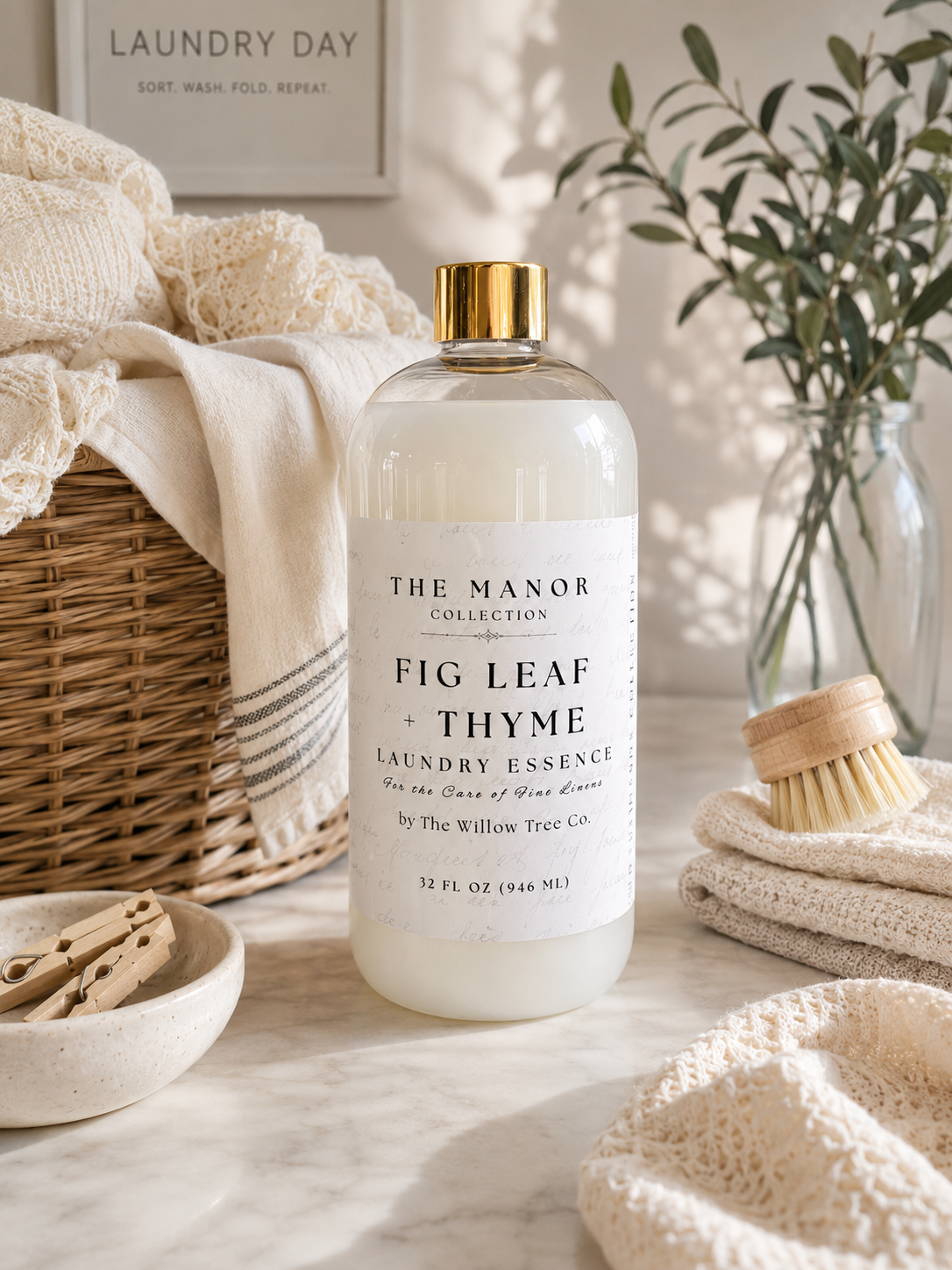 A bottle of The Manor Collection Fig Leaf Thyme laundry essence by The Willow Tree Co. sits on a marble countertop surrounded by laundry-themed props including a wicker basket, folded cream towels, a wooden scrubber, and a glass vase with greenery.