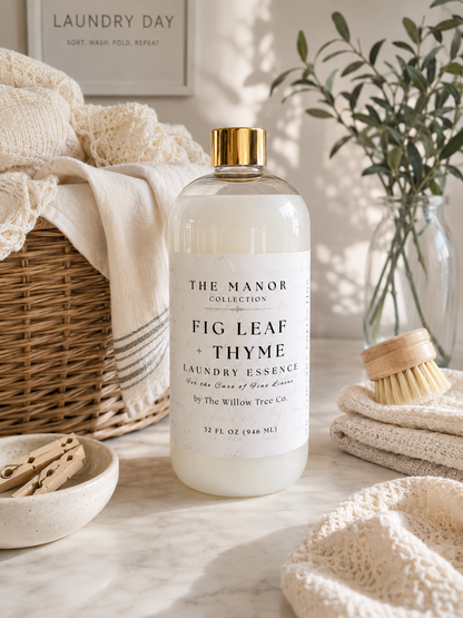 A bottle of The Manor Collection Fig Leaf Thyme laundry essence by The Willow Tree Co. sits on a marble countertop surrounded by laundry-themed props including a wicker basket, folded cream towels, a wooden scrubber, and a glass vase with greenery.