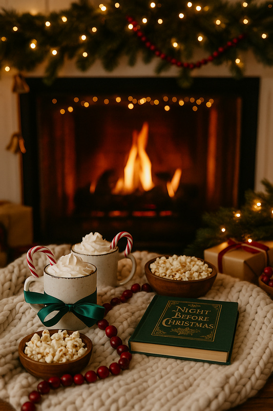 Two mugs of hot chocolate with whipped cream and candy canes on a table in front of a fireplace.