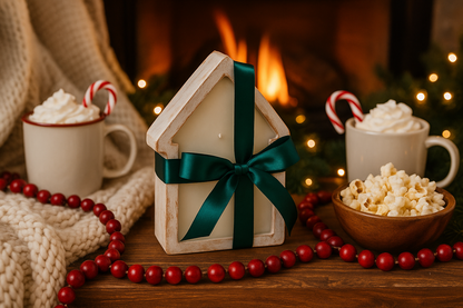 Wooden house-shaped candle with green ribbon, hot chocolate, popcorn, and candy canes on a festive background.