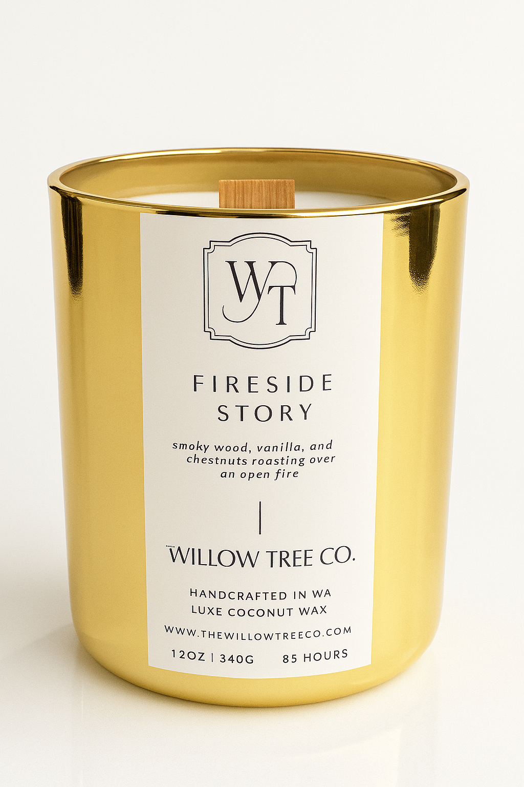 Gold candle jar with 'Willow Tree Co.' label on a white background
