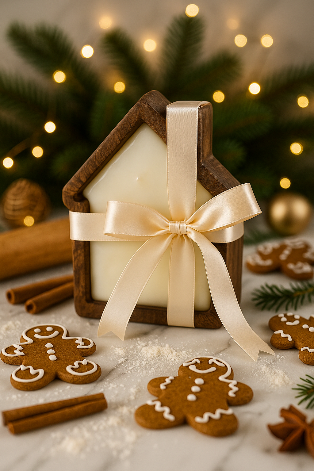 Decorative candle in a gingerbread house shape with a bow, surrounded by gingerbread cookies and cinnamon sticks on a festive background.