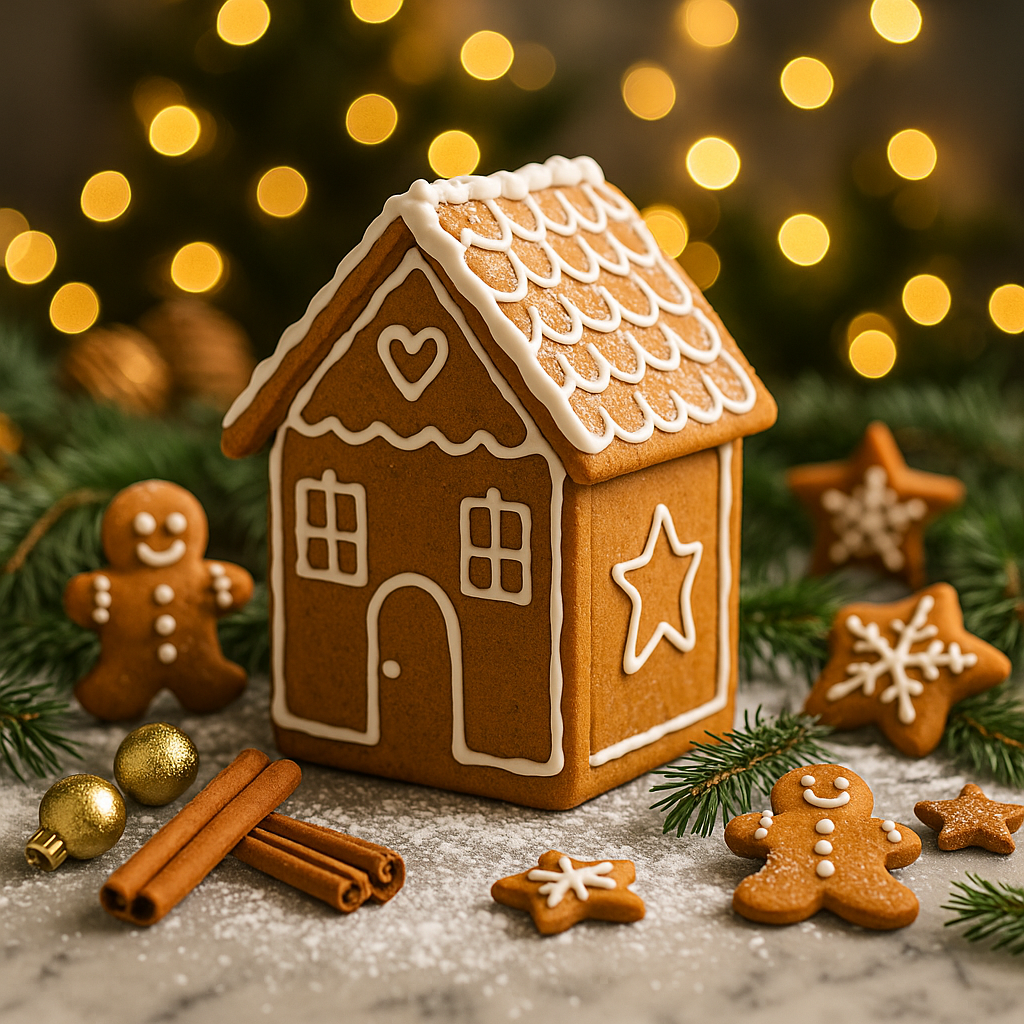 Decorative gingerbread house with gingerbread men and cinnamon sticks on a festive background.