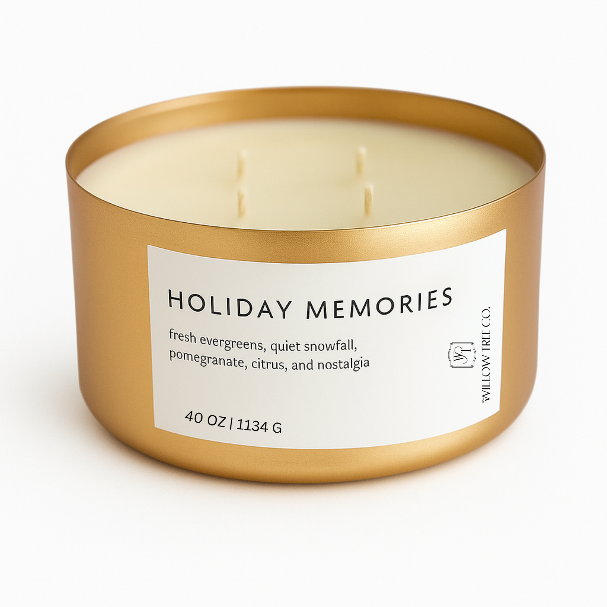 Candle with gold lid and 'Holiday Memories' label on a white background