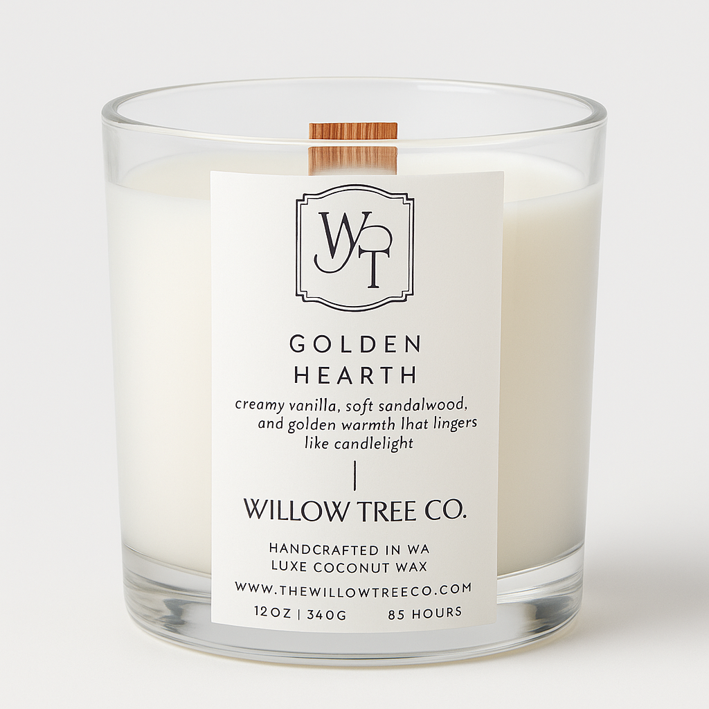 Candle with a label from Willow Tree Co. on a white background