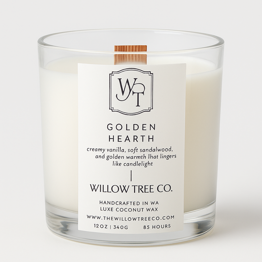 Candle with a label from Willow Tree Co. on a white background