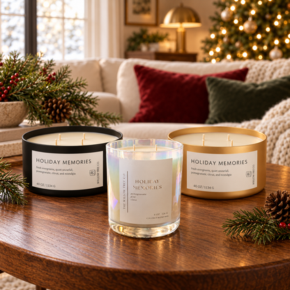 Three large scented candles labeled 'Holiday Memories' are arranged on a wooden table in a cozy living room setting. The candles have black, clear/iridescent, and gold outer vessels with cream-colored wax.