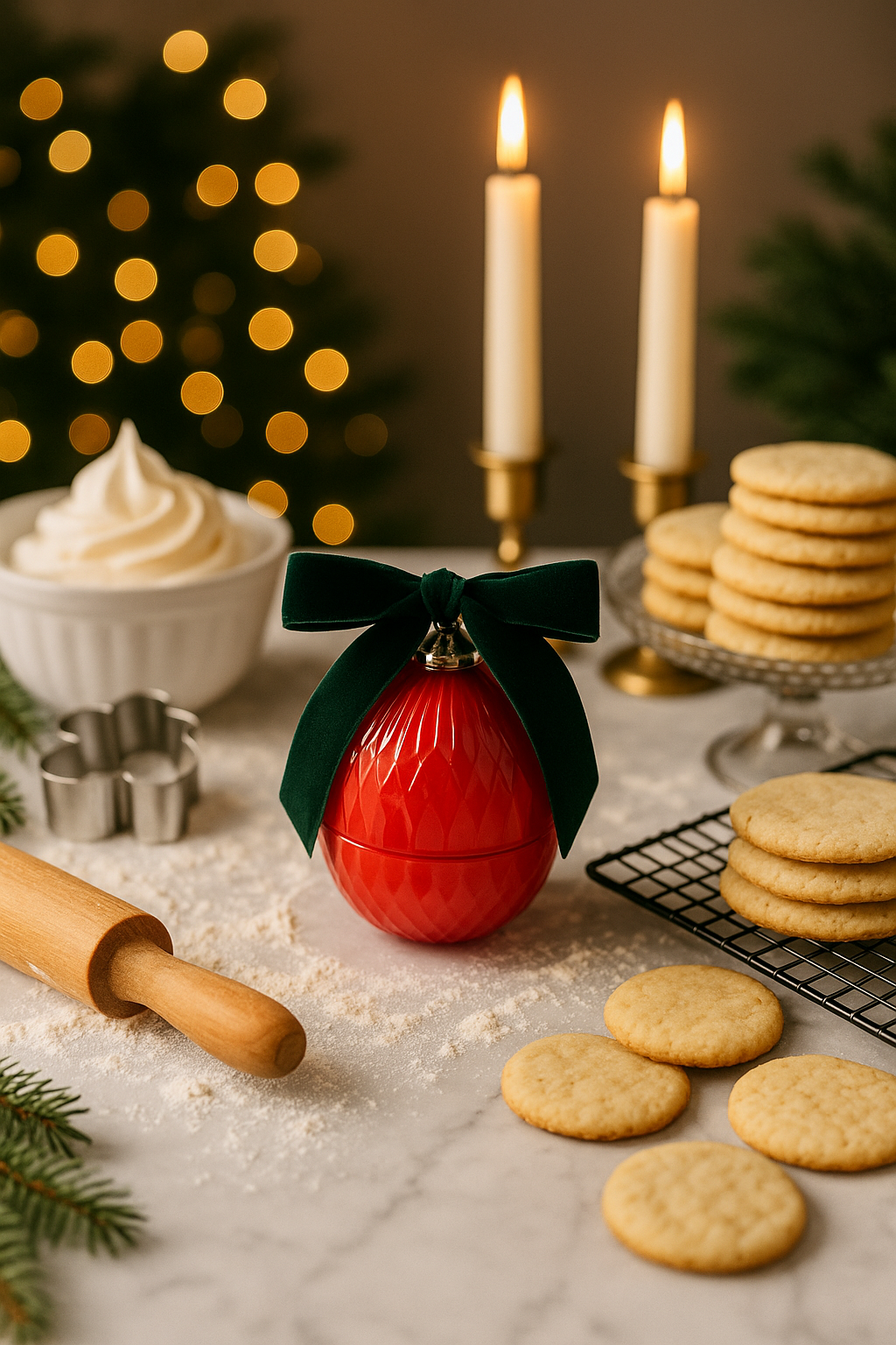 Red Christmas ornament with green bow on a table with cookies, candles, and baking tools.