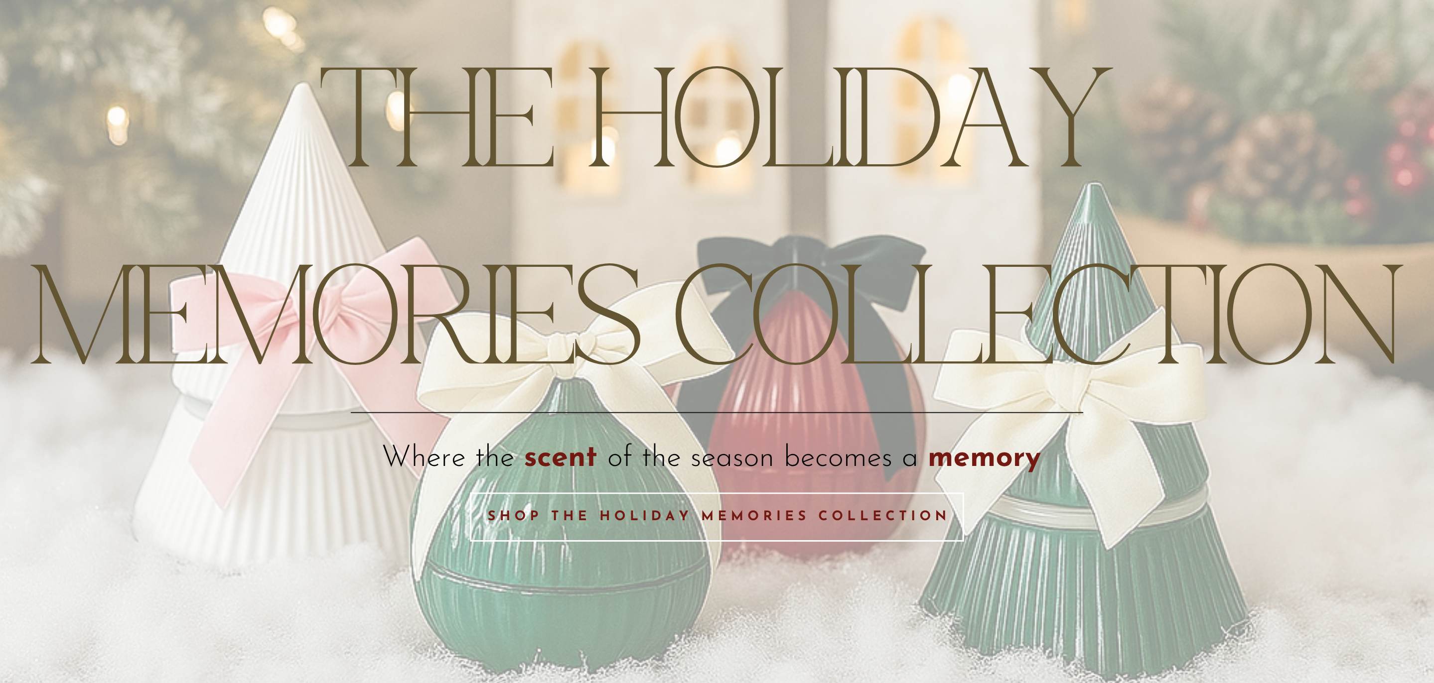 Decorative holiday hats with text 'The Holiday Memories Collection' on a soft, blurred background.