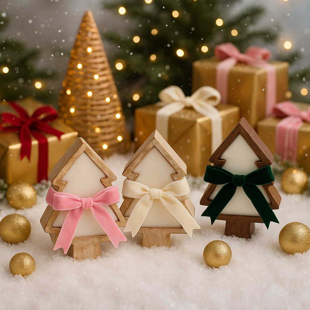 Decorative Christmas trees with ribbons in front of gift boxes and a Christmas tree.
