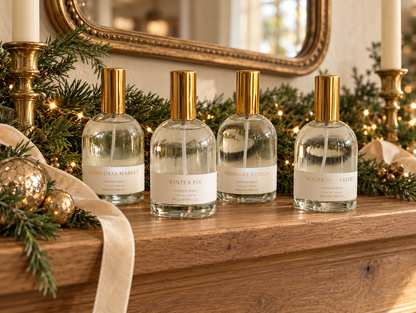 Four clear glass perfume bottles with gold caps and white labels are lined up on a wooden mantel decorated with green garland, gold ornaments, candles, and warm string lights. The labels read Christmas Market, Winter Fir, Midnight Cocoa, and Bourbon + Velvet.