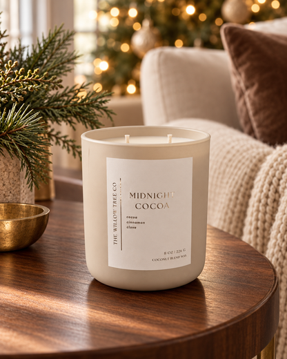 A large scented candle in a frosted cream-colored glass jar sits on a dark wooden table in a cozy living room setting with a blurred Christmas tree and couch in the background. The label reads 'MIDNIGHT COCOA' and 'THE WILLOW TREE CO.