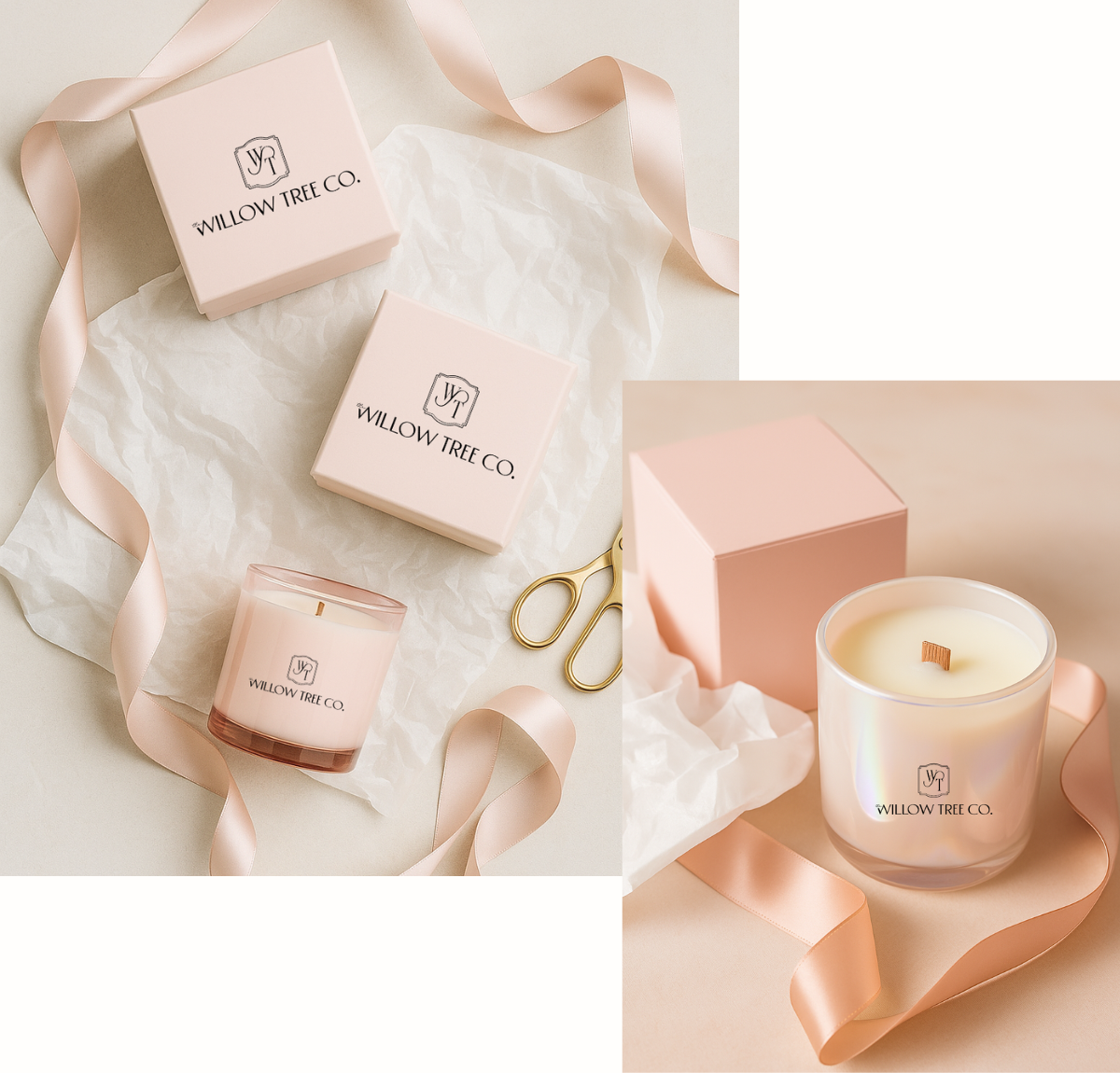 Collage of Willow Tree Co candles and packaging on a soft pink background