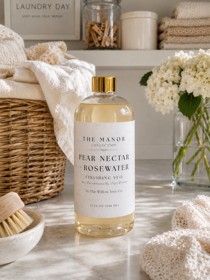 A bottle of The Manor Collection Pear Nectar Rosewater Finishing Alcohol stands on a marble countertop in a bright, styled laundry room setting with folded towels, a wicker basket, and white flowers.