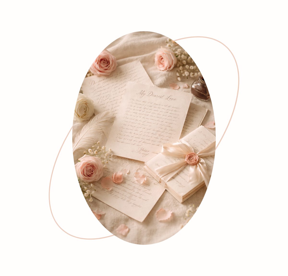 Decorative arrangement with a letter, ribbons, and flowers on a white background