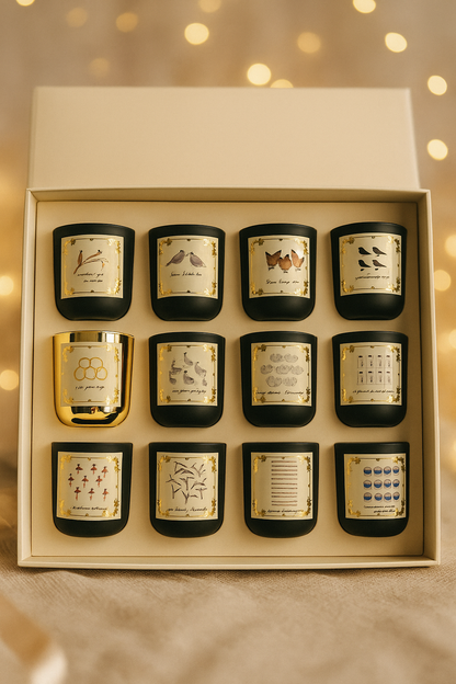 Set of twelve candles in a decorative box with gold and black labels against a warm, blurred background.
