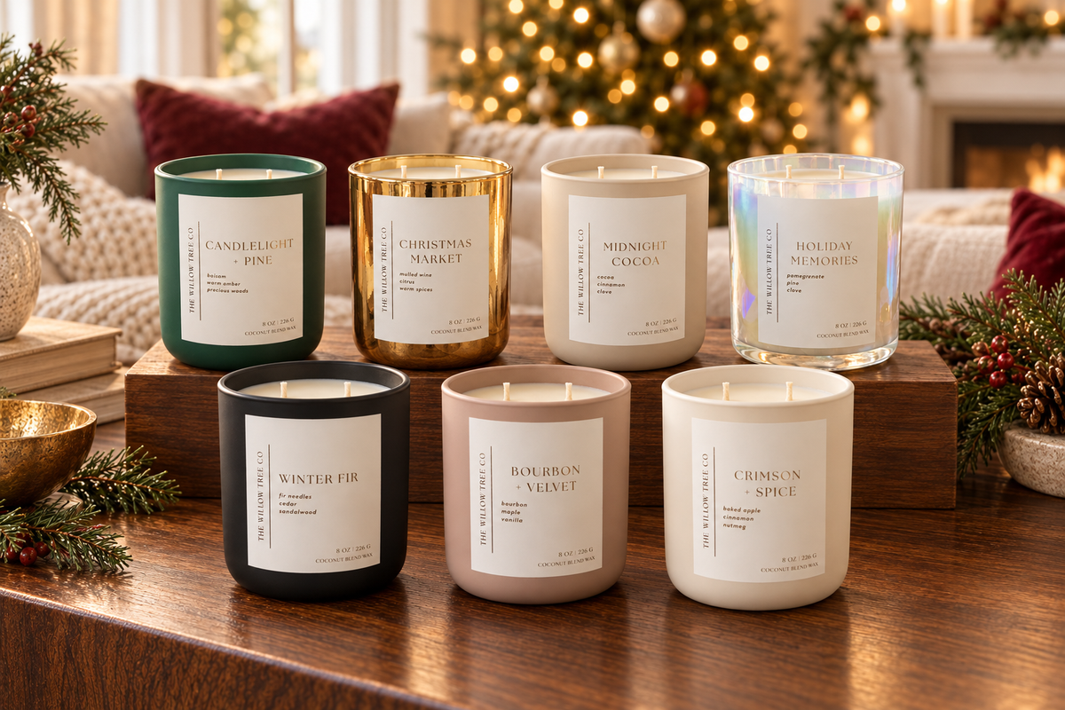 Seven scented candles in different glass containers and colors are arranged on wooden blocks on a wooden table in a cozy living room setting with Christmas lights and pine branches in the background.