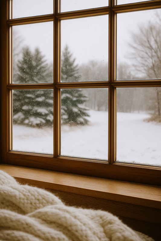 Wooden window with a snowy landscape view and a soft blanket in the foreground.