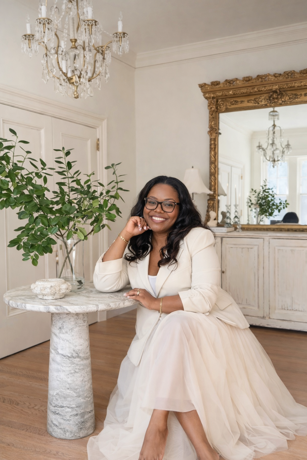 Woman in a white dress sitting in a stylish room with a chandelier and mirror.