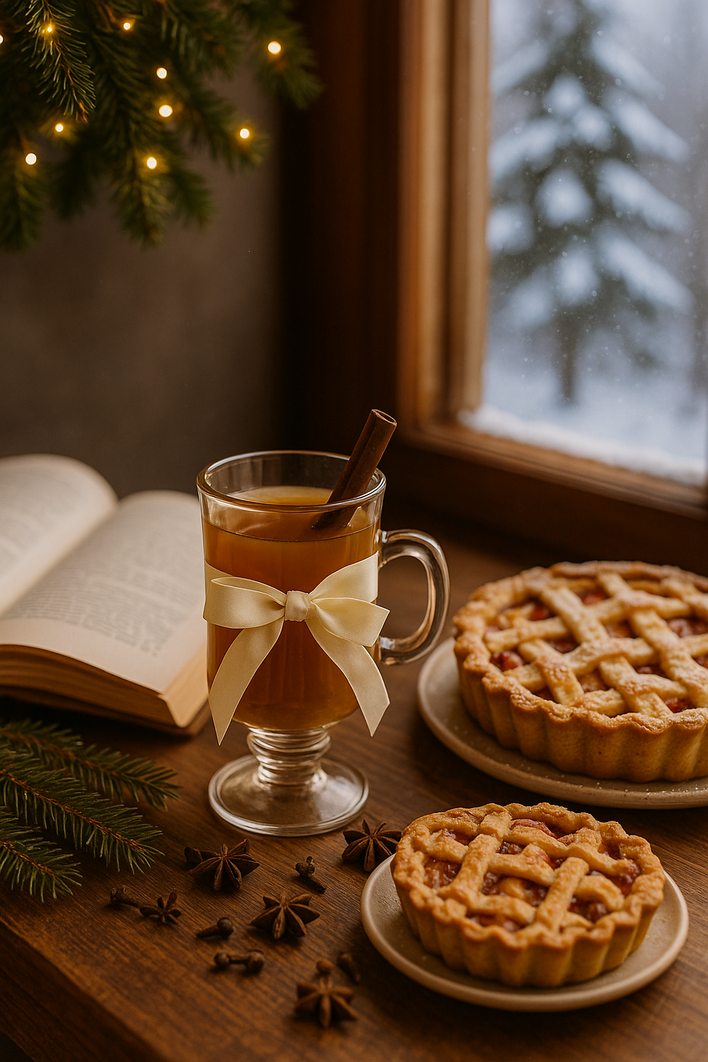 Hot beverage in a glass with a bow, surrounded by pies and festive decorations on a wooden table.