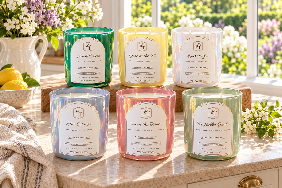 Six scented candles in colorful glass jars arranged on a kitchen counter with flowers and a window in the background. The candles come in green, yellow, white, blue, pink, and mint glass, each with a white label.