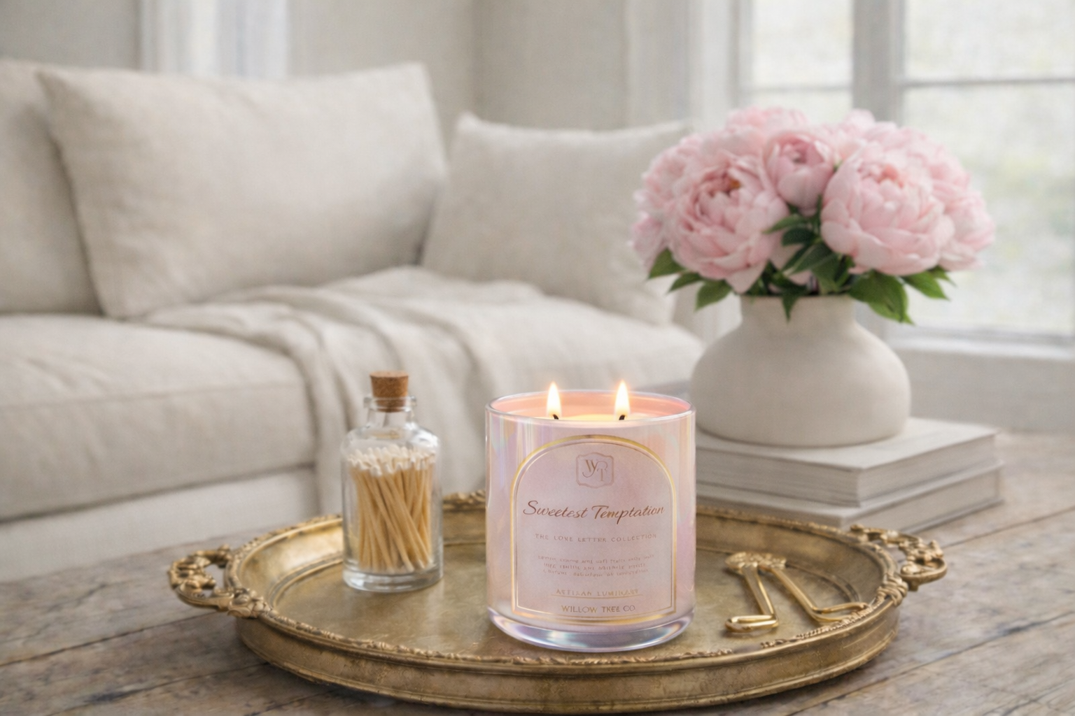 Candle with matchbox and vase of flowers on a tray in a living room setting