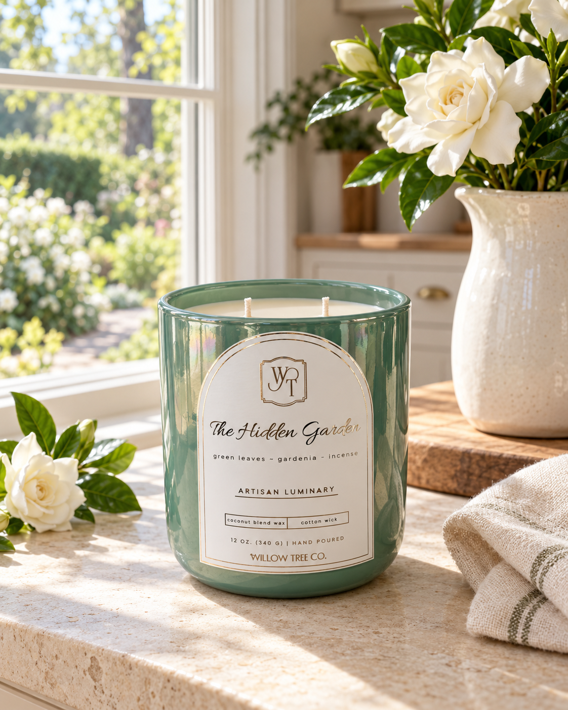 A green glass jar candle sits on a sunlit kitchen counter beside white flowers and a folded towel. The front label reads 'The Hidden Garden' and 'Willow Tree Co.