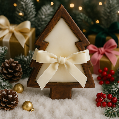 Wooden Christmas tree-shaped candle with a white bow, surrounded by festive decorations.