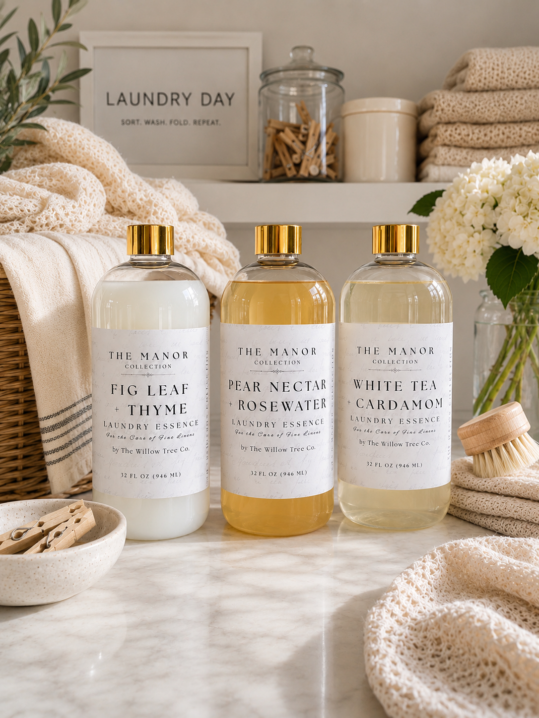Three bottles of The Manor Collection laundry essences (Fig Leaf Thyme, Pear Nectar Rosewater, and White Tea Cardamom) lined up on a marble countertop with cozy laundry-themed props like a basket, folded towels, and a soap dish.