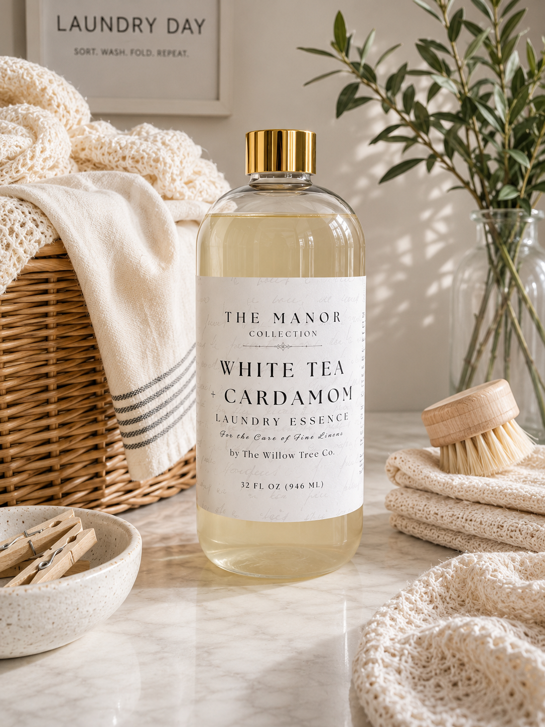 A bottle of The Manor Collection White Tea + Cardamom Laundry Essence stands on a marble surface in a styled laundry-themed setting with a wicker basket, cream knit textiles, a wooden brush, and greenery.